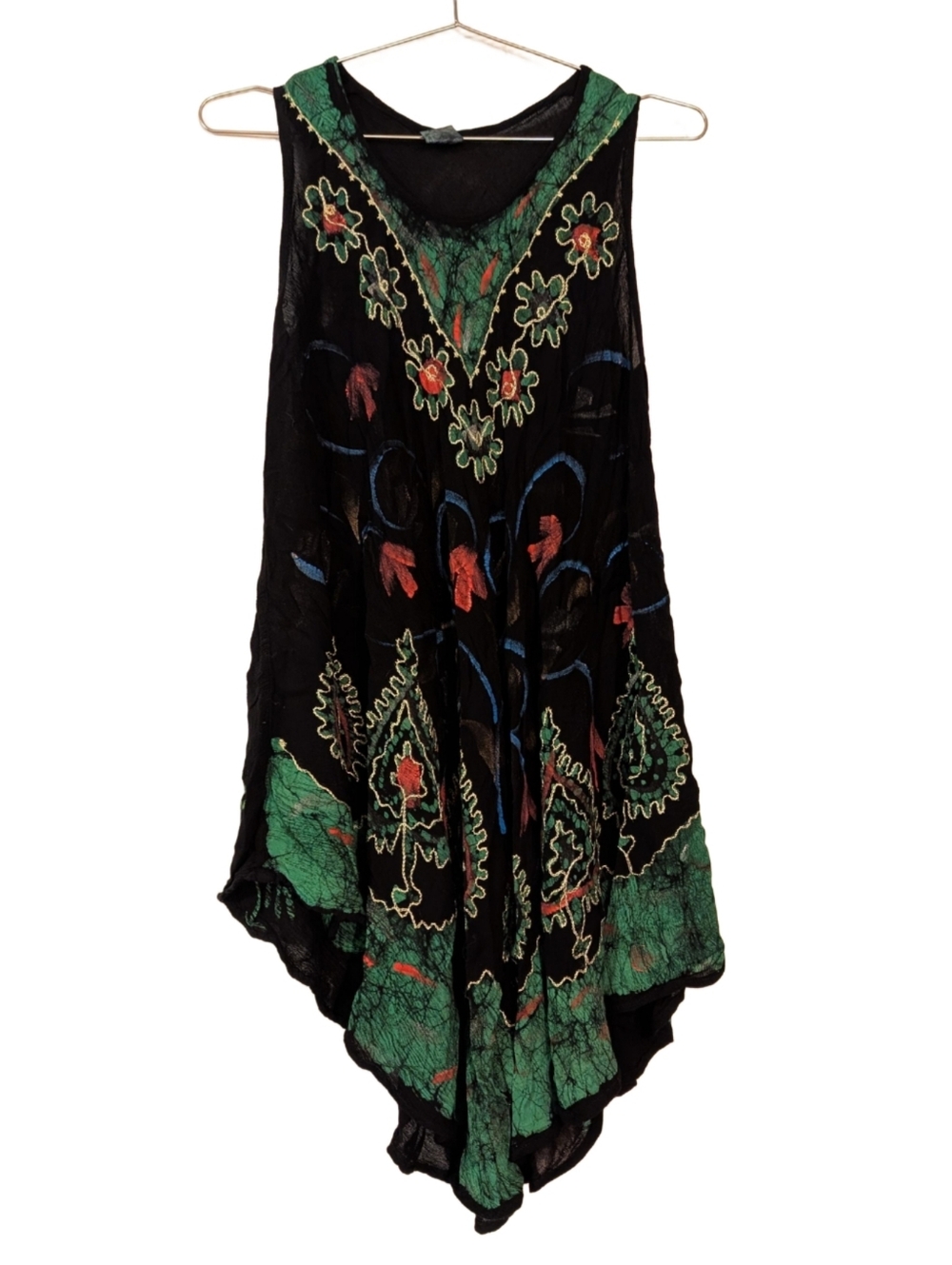Bohemian Black & Green Embroidered Sleeveless Tunic Top